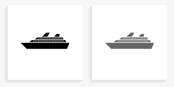 Cruise Ship Black and White Square Icon Cruise Ship Black and White Square Icon. This 100% royalty free vector illustration is featuring the square button with a drop shadow and the main icon is depicted in black and in grey for a roll-over effect. cruise vacation stock illustrations