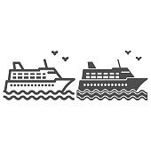 istock Cruise ship line and solid icon, Sea cruise concept, sail boat on waves sign on white background, sea cruise ship icon in outline style for mobile concept and web design. Vector graphics. 1281186066