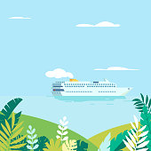 Vector illustration of cruise ship passing tropical islands