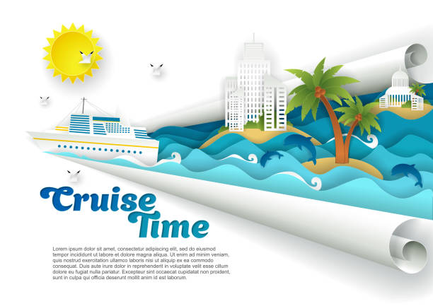Cruise time vector paper cut poster banner template Cruise time poster banner template. Vector paper cut cruise liner floating on ocean waves, dolphins, seagulls, islands with tourist resort buildings palm trees and copy space. cruise vacation stock illustrations