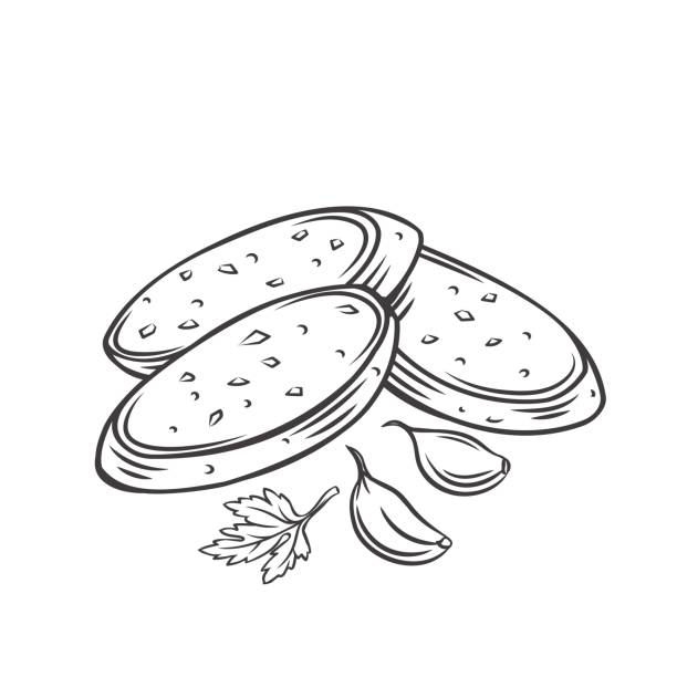 Crunchy garlic bread with garlic cloves Crunchy garlic bread with garlic cloves and parsley. Outline vector illustration of fried french baguette. garlic bread stock illustrations