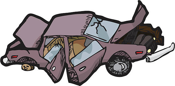 Crushed Car Cartoon of a wrecked automobile with a broken windshield. EPS contains all elements in layers. Download contains high resolution JPG, PSD and Adobe Illustrator 13 (CS3) versions. open car door stock illustrations