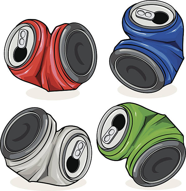 Crushed tin cans Vector illustration of crushed tin cans in four colors, red, blue, silver and green, on white background, isolated crushed stock illustrations