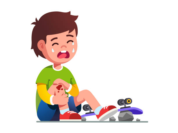 Crying boy kid fallen off skateboard. Child skater Crying boy kid fallen off skateboard. Child skater cartoon character holding painful wounded leg knee scratch, bruise with blood drips. Childhood, injury, extreme sports. Flat vector illustration pain clipart stock illustrations
