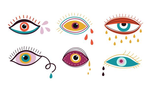 울고 있는 눈. 추상적인 눈, 다채로운 떨어지는 방울. 현대 트렌디 한 낙서 요소, 슬픈 감정 벡터 세트 - 눈물 일러스트 stock illustrations