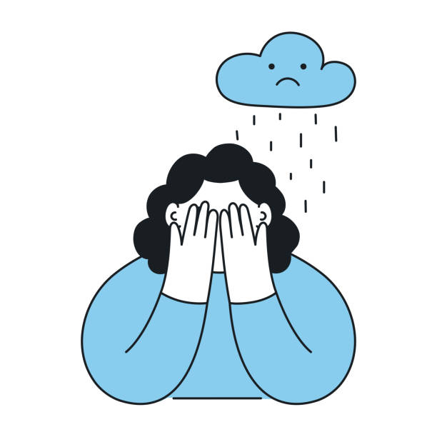 Crying girl and raining cloud - Vector vector art illustration