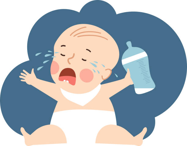 crying little baby holding a feeding bottle with milk formula on the bottom.  baby formula shortage concept. - baby formula stock illustrations