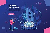 Server processing data backup, software hacking or lock hardware. Virtual rich transaction monetary success shield for business. Altcoins mine concept with character flat isometric vector illustration
