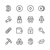 16 Cryptocurrency Line Icons. Anonymous, Bank,, Bitcoin, Block, Blockchain, Bull Market, Chart, Coin, Computer Network, CPU, Crypto, Cryptocurrency, Currency, Diagram, Digital, Ethereum, Exchange, Finance, Gold, GPU, Growth, Hacker, Key, Ledger, Market, Miner, Mining, Mobile App, Money, Network, NFT, Padlock, Processor, Rocket, Security, Smartphone, Startup, Technology, Transfer, Wallet, Web3, Web Browser.