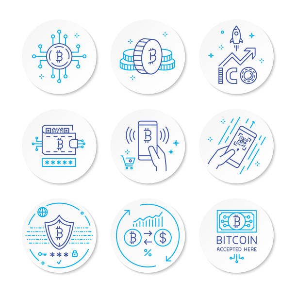 ilustraciones, imágenes clip art, dibujos animados e iconos de stock de iconos de línea cryptocurrency - bitcoin