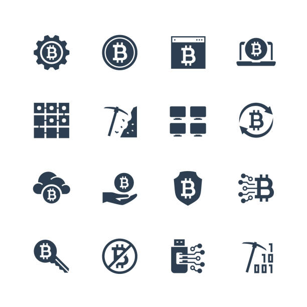 ilustraciones, imágenes clip art, dibujos animados e iconos de stock de icono de vector de cryptocurrency en estilo de glifo - bitcoin