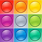 A set of shiny round-shaped badge in various colours.