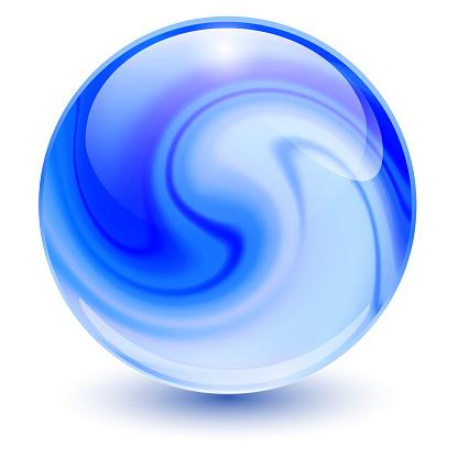 3D crystal, glass sphere blue with abstract spiral shape inside, interesting marble ball.