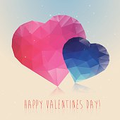 Pink and blue crystal hearts with happy valentines text. Eps10. Contains blending mode objects.