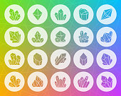 Crystal icons set. Web sign kit of gemstone. Mineral pictogram collection includes salt, amethyst, rock, ice. Simple crystal vector symbol. Icon shape carved from circle on colorful background