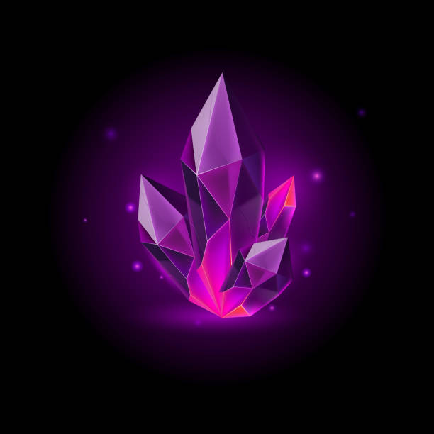 Crystal Magic Purple Crystal with Sparkle. Decoration icon for Games. Cartoon crystals Illustration. Stone Healing Energy on Black Background amethyst stock illustrations