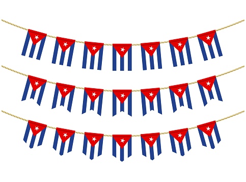 Cuba flag on the ropes on white background. Set of Patriotic bunting flags. Bunting decoration of Cuba flag