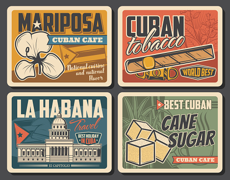 Cuba travel landmark and tourism retro posters