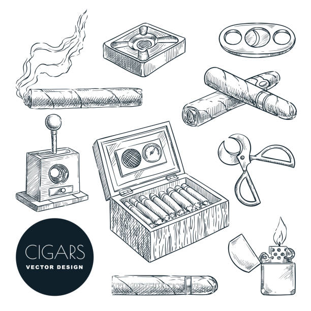 Cuban cigars and accessories vector vintage sketch illustration. Tobacco smoking icons set, isolated on white background Cuban cigars and accessories vector vintage sketch illustration. Tobacco smoking hand drawn icons set, isolated on white background. cigarette lighter stock illustrations