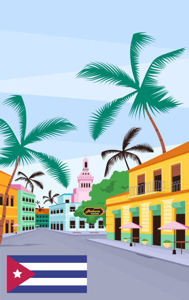 쿠바 오래 된 거리 포스터 플랫 벡터 템플릿 - cuba stock illustrations