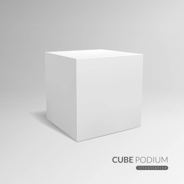 Cube podium. 3d cube pedestal, white blank block for product promo. 3d in perspective with shadow vector advertising template Cube podium. 3d cube pedestal, white blank block for product promo. 3d in perspective with shadow vector advertising standing cubic exhibition template cube shape stock illustrations