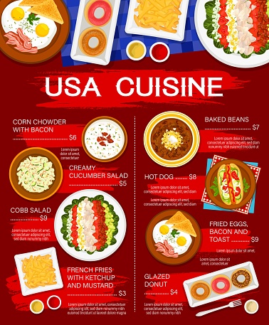 USA cuisine menu, American food meal dishes, lunch