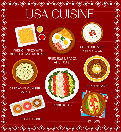 USA cuisine menu, American traditional food meals