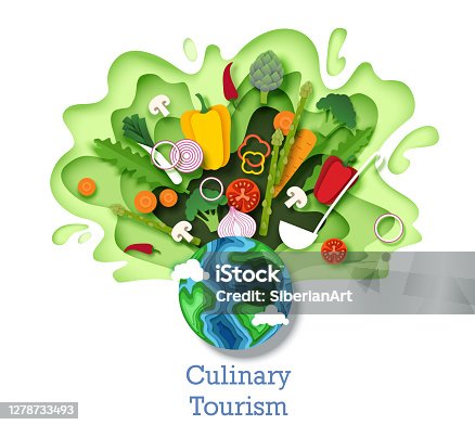 istock Culinary tourism concept vector illustration. Paper cut style planet Earth, fresh healthy vegetables. World cuisine. 1278733493