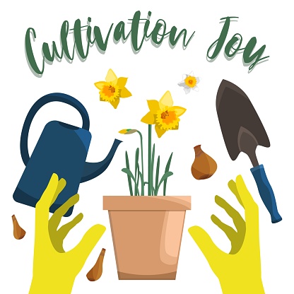 Cultivation joy set with gloved hands, sprinkler, shovel and daffodil in a pot. Isolated on white background