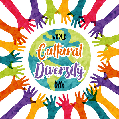 World Cultural Diversity Day greeting card illustration of colorful people hands raised up together. International culture social help concept. 21 may ethnic celebration holiday design.