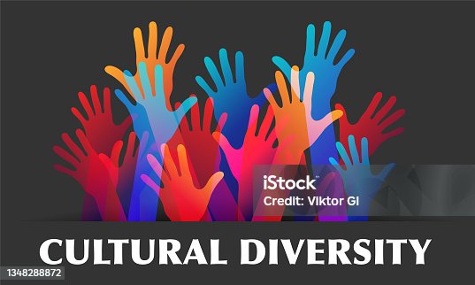 istock Cultural Diversity Day diverse. Coloured raised hands on grey background. Vector illustration 1348288872