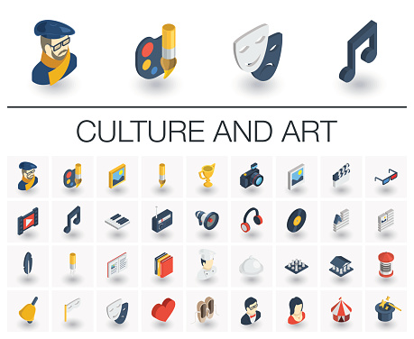 Culture and art isometric icons. 3d vector
