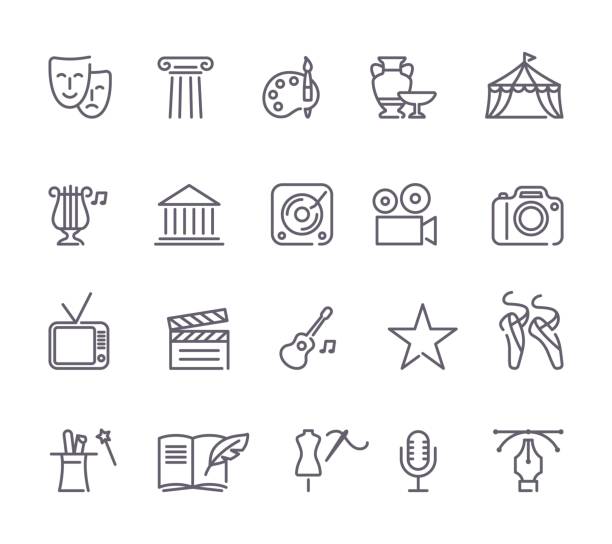kultur und kreative kunst linie icons set - museum stock-grafiken, -clipart, -cartoons und -symbole