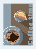 A cup of coffee and a croissant. Brochure, poster design template. Vector illustration in pastel colors.
