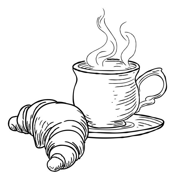 Cup of Tea and Croissant Vintage Retro Style A steaming cup of tea or coffee and croissant French pastry hand draw in a retro vintage woodcut engraved or etched style. breakfast clipart stock illustrations