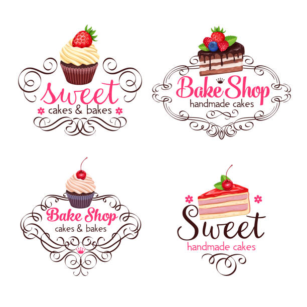 cupcake and cake Vector logo design template cupcake and cake. Icons sweet pastries for bake shop. baked pastry item stock illustrations