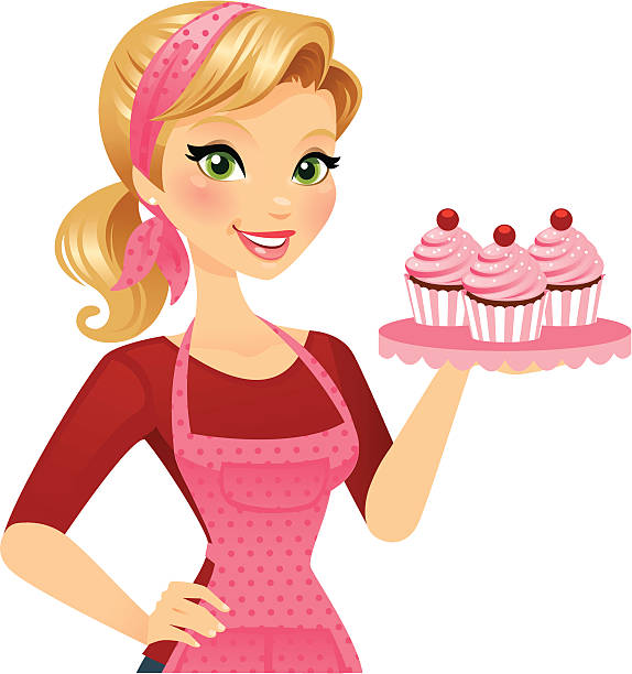 Cupcake Girl A beautiful blond holding a pretty trey of delicious cupcakes. Cupcakes and trey are easily removed in Ai with an open-palm "gesturing" hand underneath. Her apron and headband can also be removed in Ai. blond hair stock illustrations