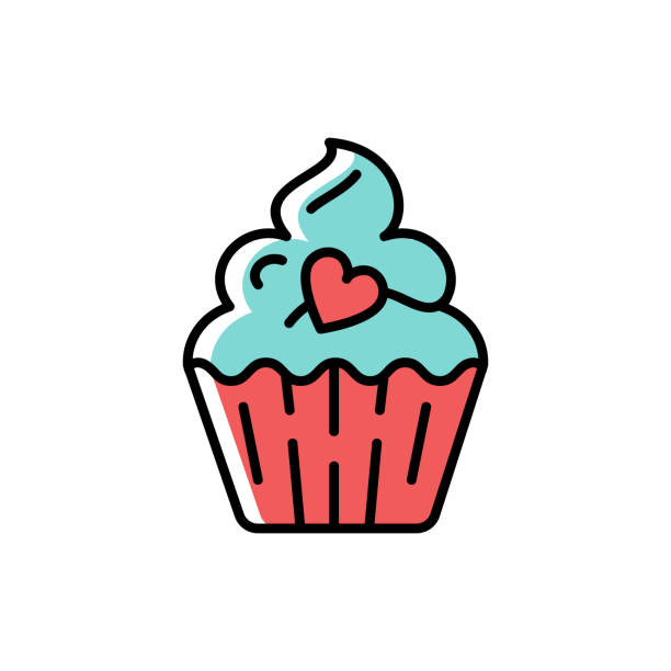 Cupcake Icon. Symbol of holiday and love, valentine's day. Line thin colorful birthday icon, Vector flat illustration Cupcake Icon. Symbol of holiday and love, valentine's day. Line thin colorful birthday icon, Vector flat illustration baking illustrations stock illustrations