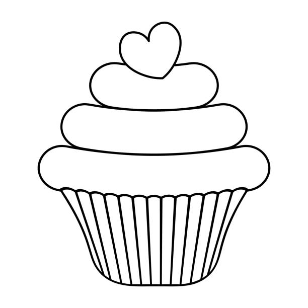 Cupcake in a curly mold. Sketch. Sweet heart dessert decoration. Vector illustration. Coloring book for children. Cake. A romantic treat. Contour on an isolated white background. Doodle style. Valentines Day. Cupcake in a curly mold. Sketch. Sweet heart dessert decoration. Vector illustration. Coloring book for children. Cake. A romantic treat. Contour on an isolated white background. Doodle style. Valentines Day. Idea for web design, menus, invitations, postcards. cupcakes coloring pages stock illustrations