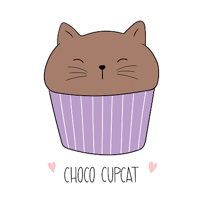 Cupcake shaped as cat. Doodle cartoon style. Isolated objects on white background. Vector illustration. Good for posters, t shirts, postcards.