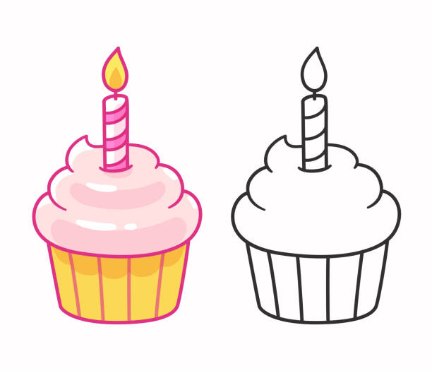Cupcake with birthday candle Cartoon cupcake drawing with birthday candle, line art and color. Isolated vector illustration. cupcake stock illustrations
