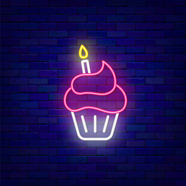 Cupcake with candle neon icon. Happy Birthday concept. Outer glowing effect banner. Vector stock illustration Cupcake with candle neon icon. Happy Birthday concept. Outer glowing effect banner. Celebration design on brick wall. Luminous label. Editable stroke. Vector stock illustration birthday silhouettes stock illustrations