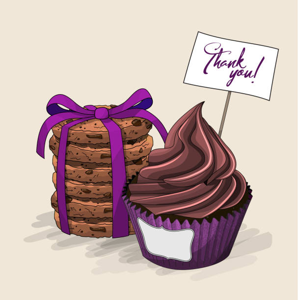 stockillustraties, clipart, cartoons en iconen met cupcake met chocolade crème en stapel bruine koekjes met violet lint, illustratie - coffee illustration plukken