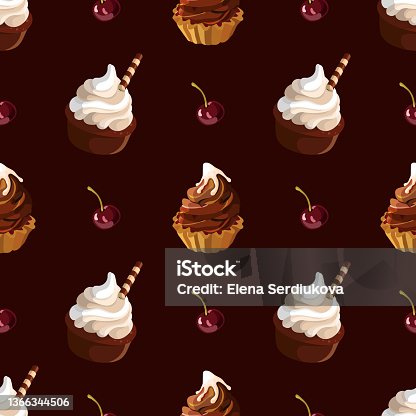istock Cupcakes seamless pattern. Cakes with cream illustration. Vector 1366344506