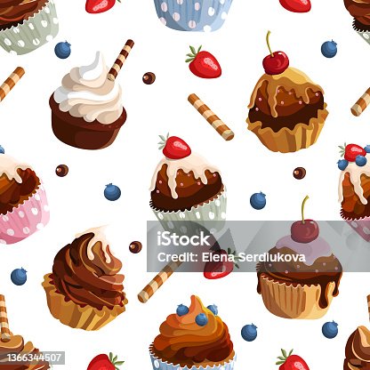 istock Cupcakes seamless pattern. Cakes with cream illustration. Vector 1366344507