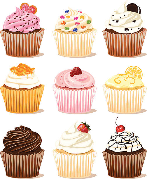 Cupcakes Vector illustration of a variety of cupcakes. No gradient or mesh used. Individual elements grouped for easy editing. 300 dpi jpg included. cake illustrations stock illustrations