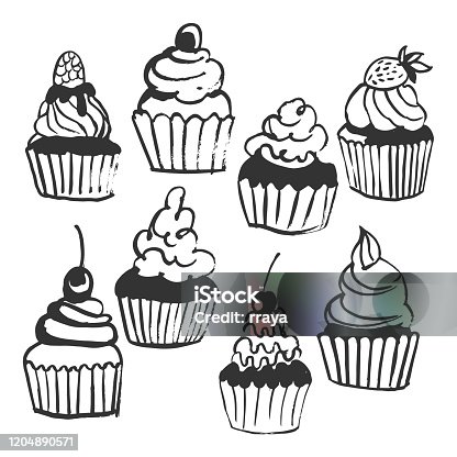 istock Cupcakes. Vector sketch  illustration. 1204890571