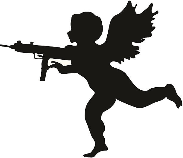 Cupid has a  Machine Gun Sometimes it takes more than a silly little arrow to get the job done. This valentines day Cupid is back with a better weapon. Love hurts. Vector file inlcudes .ai .eps .pdf and .jpg  nra stock illustrations