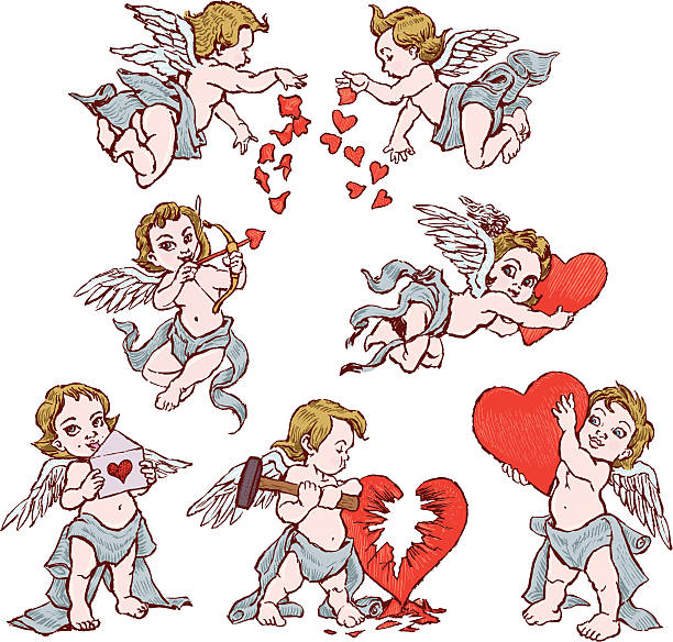 illustrazioni stock, clip art, cartoni animati e icone di tendenza di raccolta di cuori di san valentino cupido - cherubini