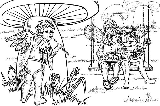 Cupid watches picture of a small Cupid who oversees two girls fairies. Drawing on paper. butterfly fairy flower white background stock illustrations